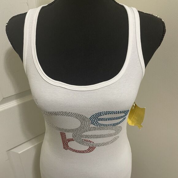 Vintage Bebe Tank Top Red White Blue 4th July Stacked Logo Bling USA Large NWT - Picture 4 of 10